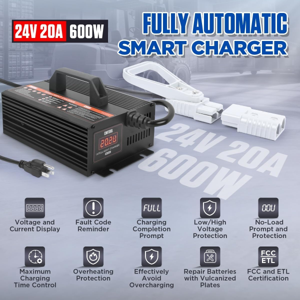 CMTOOL 24V 20A Smart Forklift Battery Charger – Fully Automatic Lead-Acid Charger with LCD Display for Pallet Jack, Floor Scrubber & Golf Cart