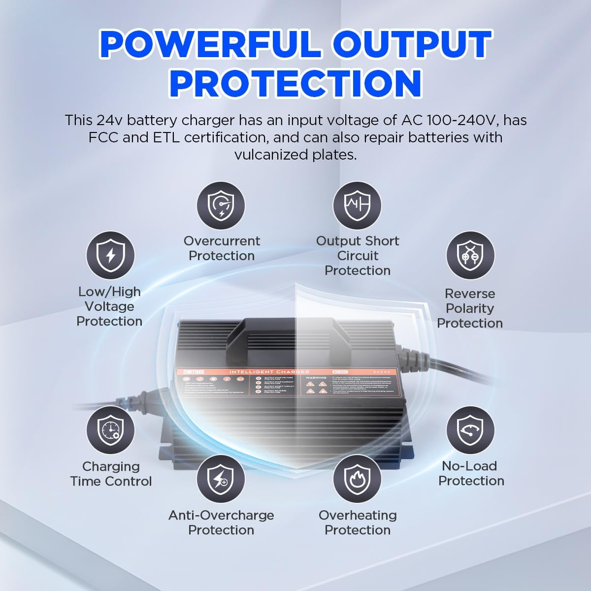 CMTOOL 24V charger surrounded by protection function icons