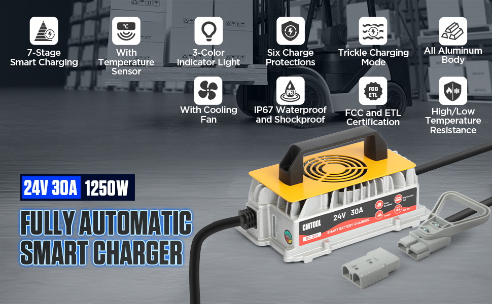 CMTOOL 24V 30A smart battery charger with carry handle, cooling fan and Anderson-style connector, with feature icons