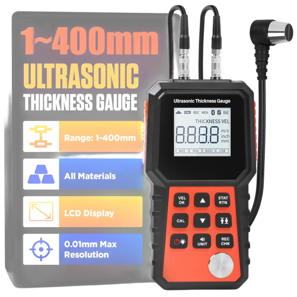 Ultrasonic Thickness Gauge Industrial Range 0.04-15.75"(1-400mm) for All Materials, Steel, Plastic, Glass, Aluminum, Copper, Metal Thickness Tester, 2.4" LCD Display (All Materials)