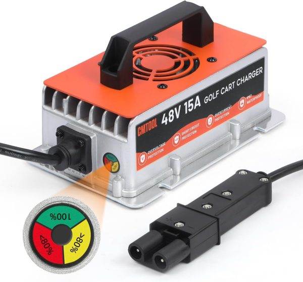 CMTOOL 48V 15A Golf Cart Battery Charger for Yamaha G19 G22, Smart Automatic Trickle Charger, 2-Pin Binocular Plug, IP67 Waterproof, for 48V Lead-Acid Batteries