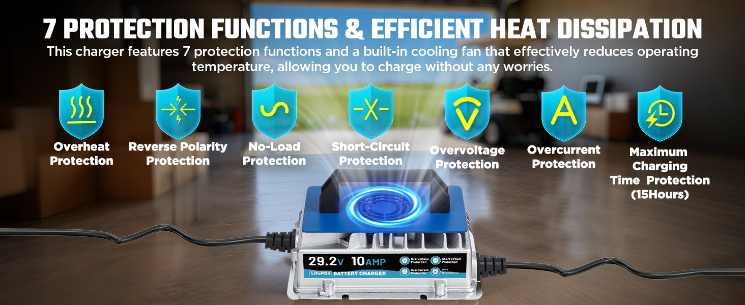 Charger with cooling fan and seven protection icons