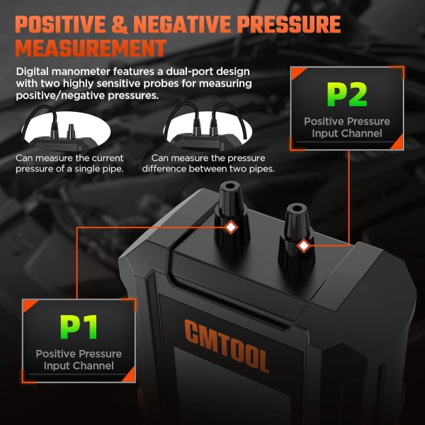 Manometer Gas Pressure Tester, Digital Manometer, -100-200Kpa, 10 Units Differential Pressure Gauge, Max/Min/Data Storage, 2-Port Tester for HVAC/Automotive Brake/Industrial/Lab Calibration (Mini)