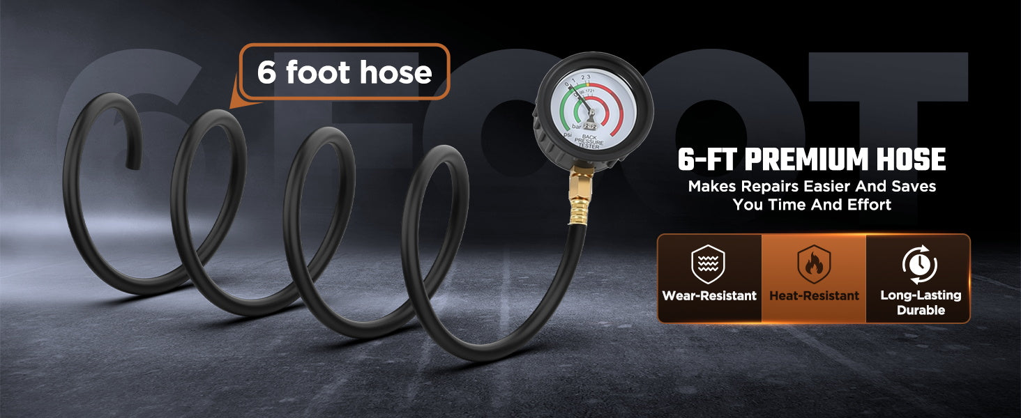 CMTOOL back pressure gauge attached to a coiled 6 ft black hose