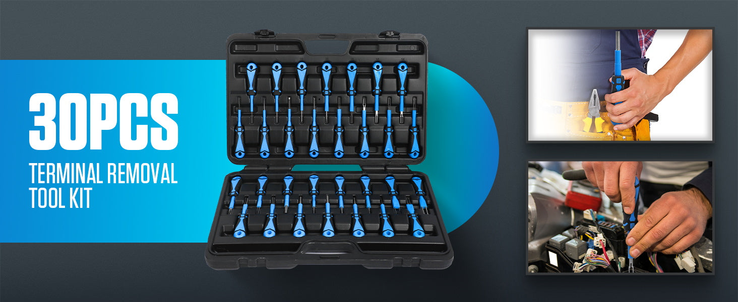 CMTOOL 30-piece terminal removal tool kit in an open black case, with tools being used on vehicle wiring
