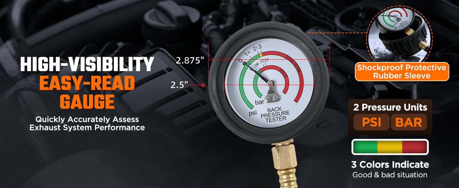 CMTOOL back pressure gauge with PSI and bar scales, green, yellow and red zones and a rubber protective sleeve