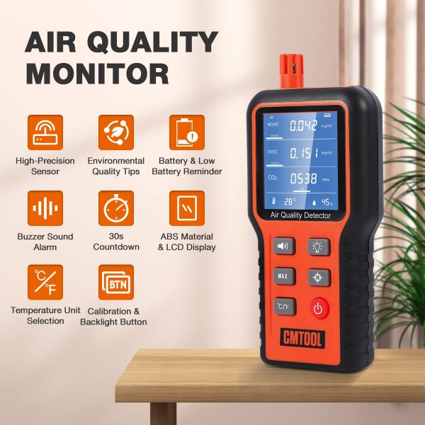 CMTOOL Air Quality Monitor Indoor Air Quality Meter, Air Quality Tester Sensor, Carbon Dioxide Formaldehyde Detector, Home Air Test Kit HCHO TVOC CO2 Monitor with Rechargeable Battery