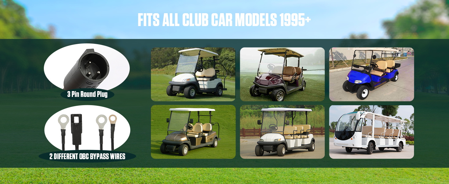 CMTOOL charger 3-pin round plug and two OBC bypass wires beside Club Car golf carts
