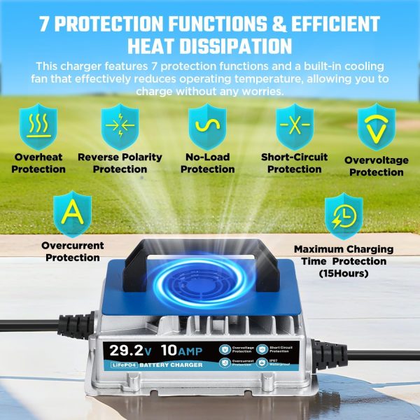 24V 10A Lithium Battery Charger, IP67 Waterproof & 0V Wake Up 29.2V LiFePO4 Battery Charger with 2 Connection Types, 7 Protections for 25.6V RV, Boat, Car, Solar, Electric Yacht LiFePO4 Battery