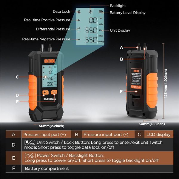 Manometer Gas Pressure Tester, Digital Manometer, -100-200Kpa, 10 Units Differential Pressure Gauge, Max/Min/Data Storage, 2-Port Tester for HVAC/Automotive Brake/Industrial/Lab Calibration (Mini)