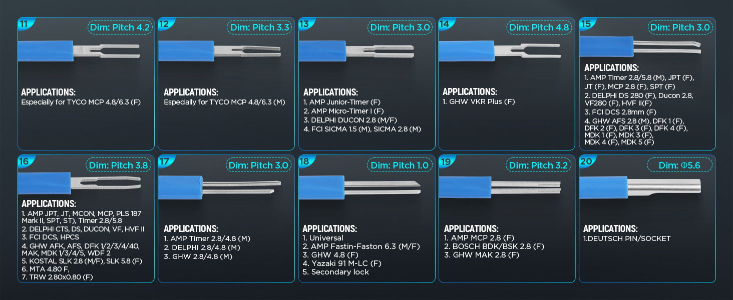 Application chart for terminal removal tools numbered 11 to 20