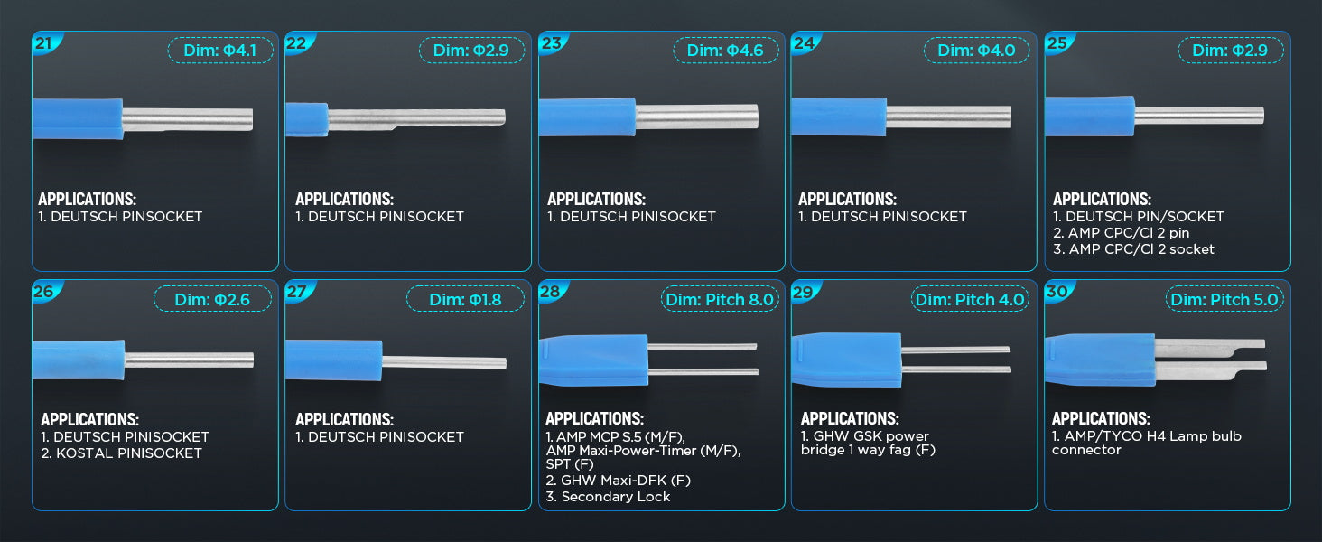 Application chart for terminal removal tools numbered 21 to 30