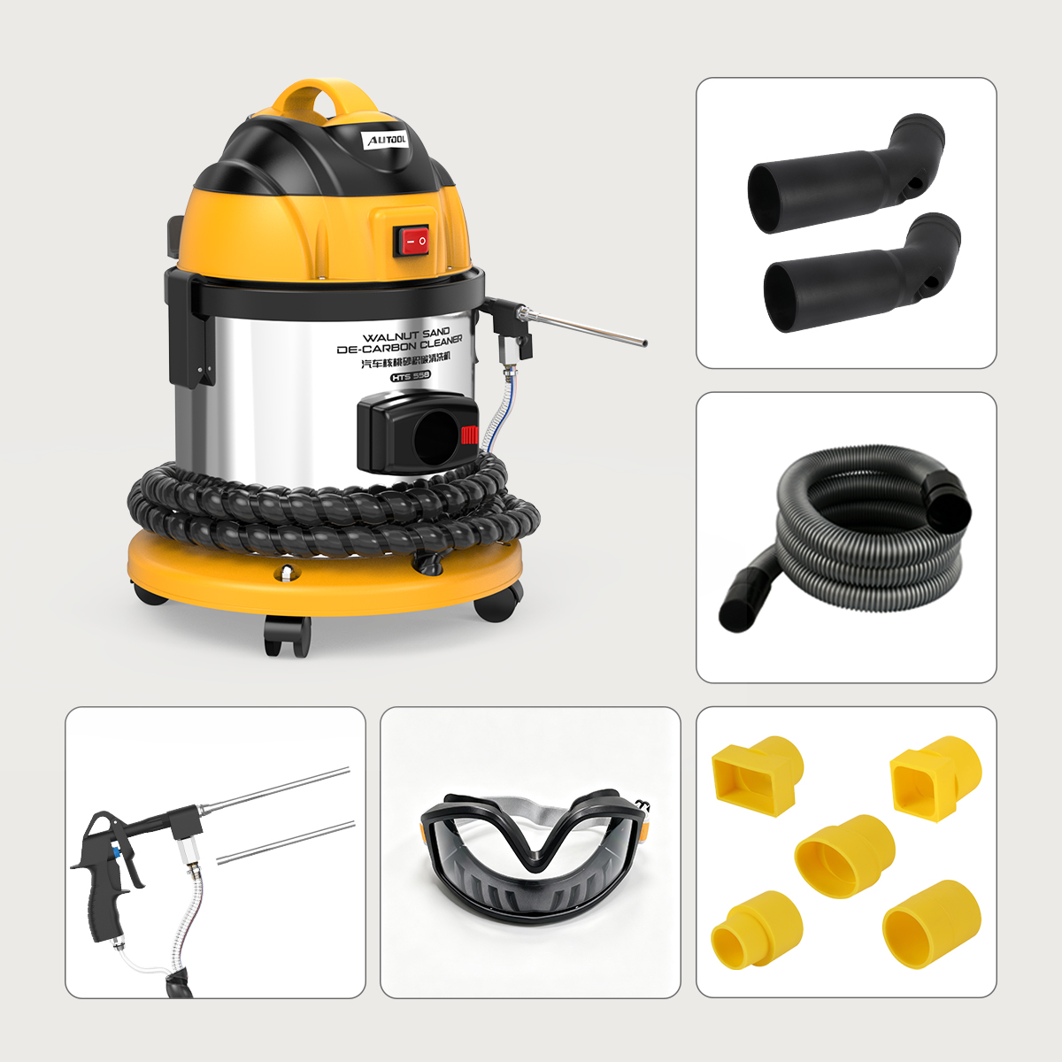 AUTOOL HTS558 walnut blaster with spray gun and nozzle rods, recovery hose, safety goggles, black rubber adapters and yellow intake adapters