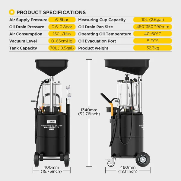 AUTOOL OD720 70 L Pneumatic Oil Extractor and Drainer with 10 L Measuring Cup