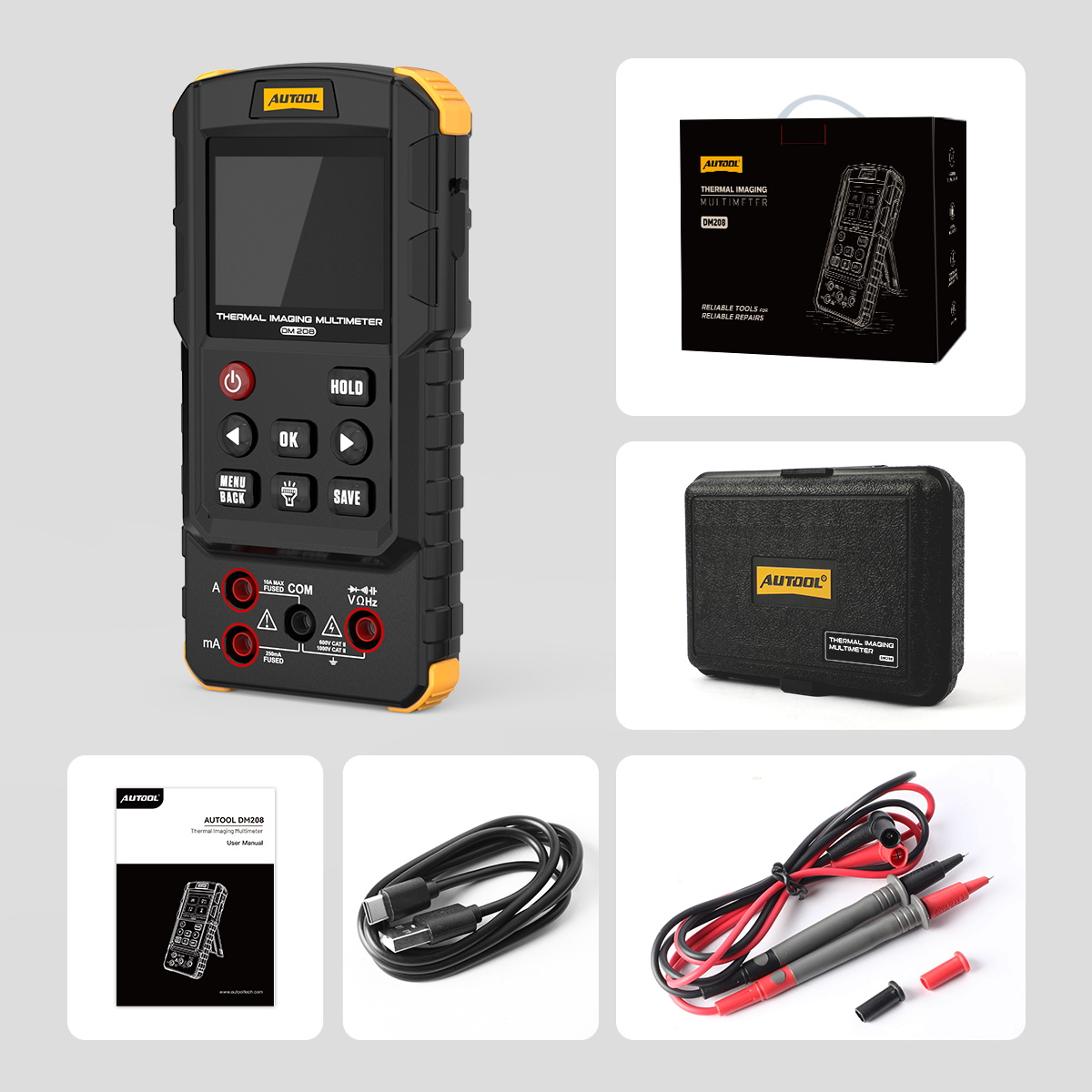 AUTOOL DM208 thermal imaging multimeter with carrying case, user manual, Type-C cable and test leads