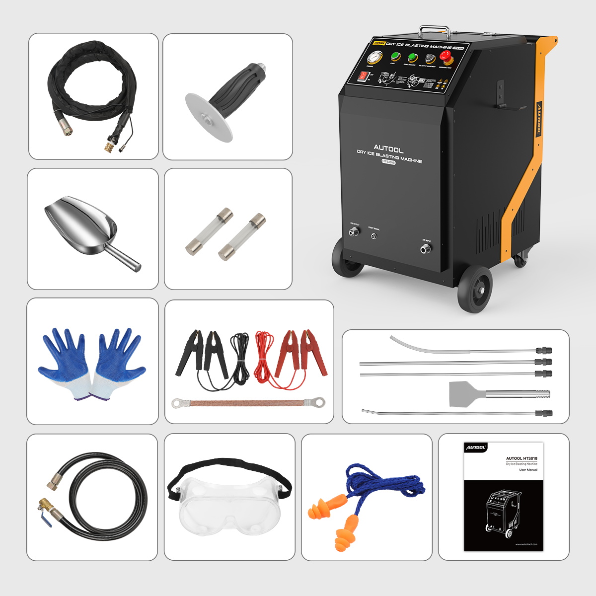 AUTOOL HTS818 dry ice blasting machine with hose, gun handle, nozzles, scraper, ice scoop, fuses, clamp cables, air hose, gloves, goggles, earplugs and user manual