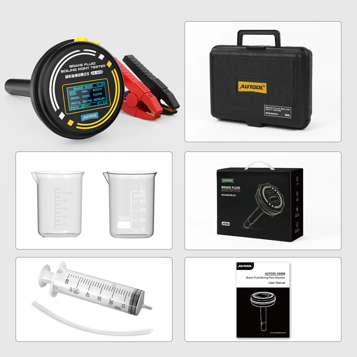 AUTOOL AS506 tester with battery clamps, carrying case, two sample beakers, syringe sampler with hose, retail box and user manual