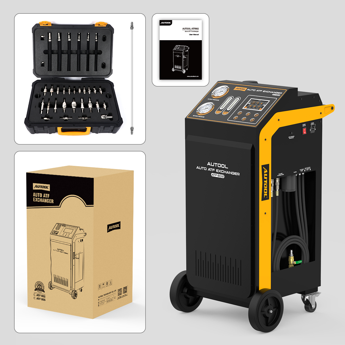 AUTOOL ATF802 with adapter case, connection hose, user manual and shipping carton