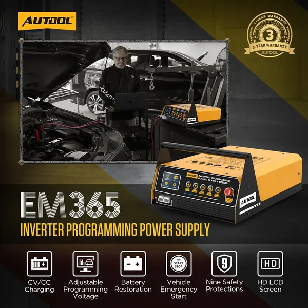 AUTOOL EM365 ECU Programming Power Supply & Lead-Acid Battery Charger with 400A Forced Start