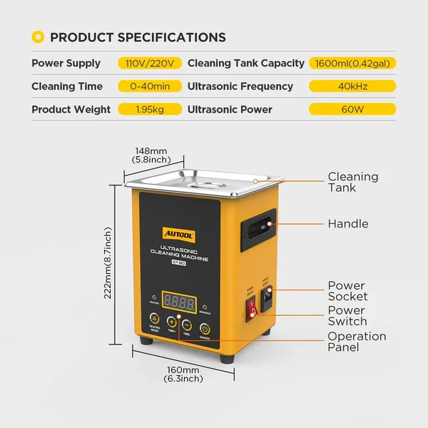 AUTOOL CT80 1.6 L Heated Ultrasonic Parts Cleaner