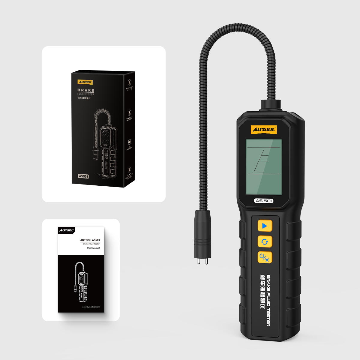 AUTOOL AS501 brake fluid tester with flexible probe, retail box and user manual