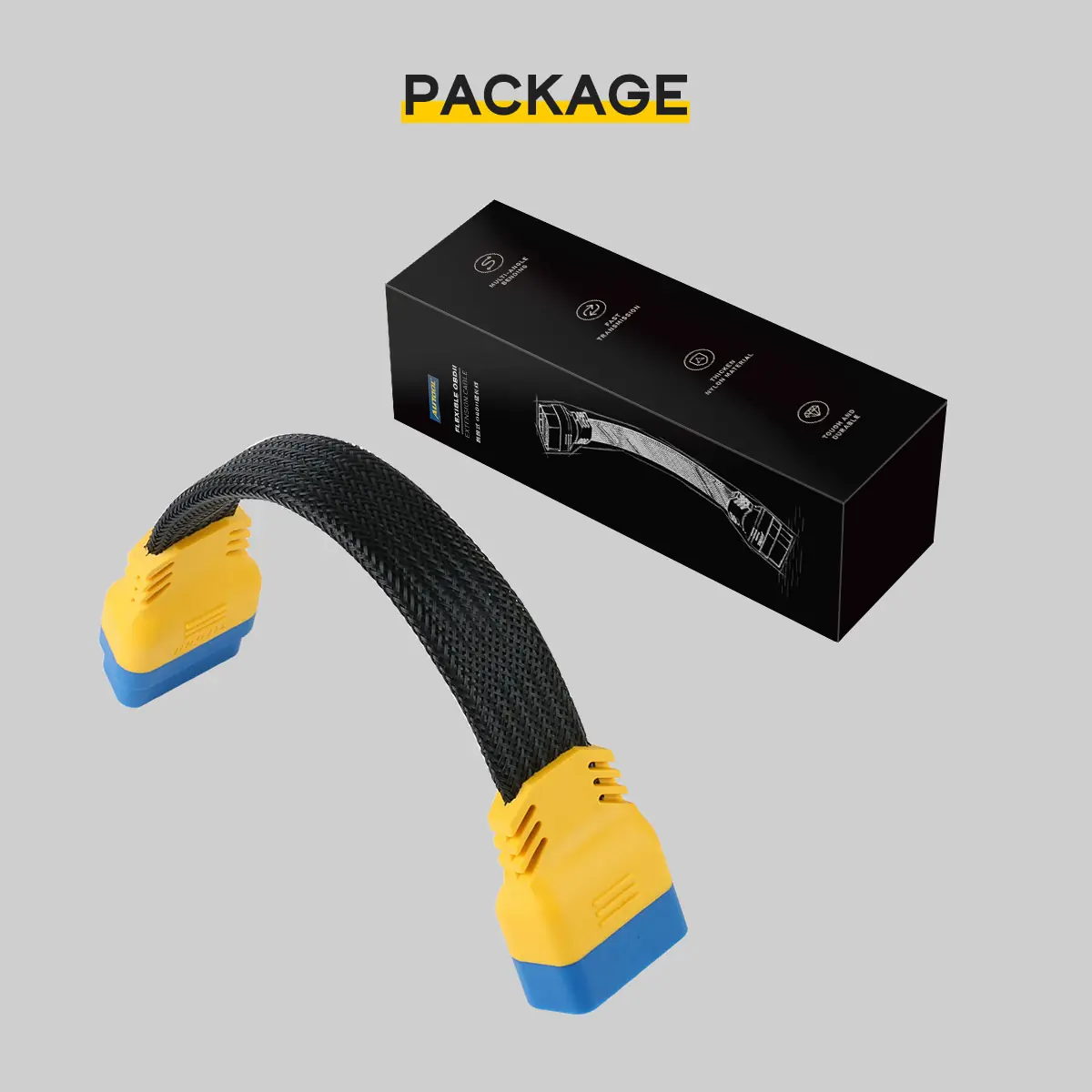 AUTOOL 60 cm braided goose-neck OBD2 extension cable with yellow and blue connectors beside its black retail box