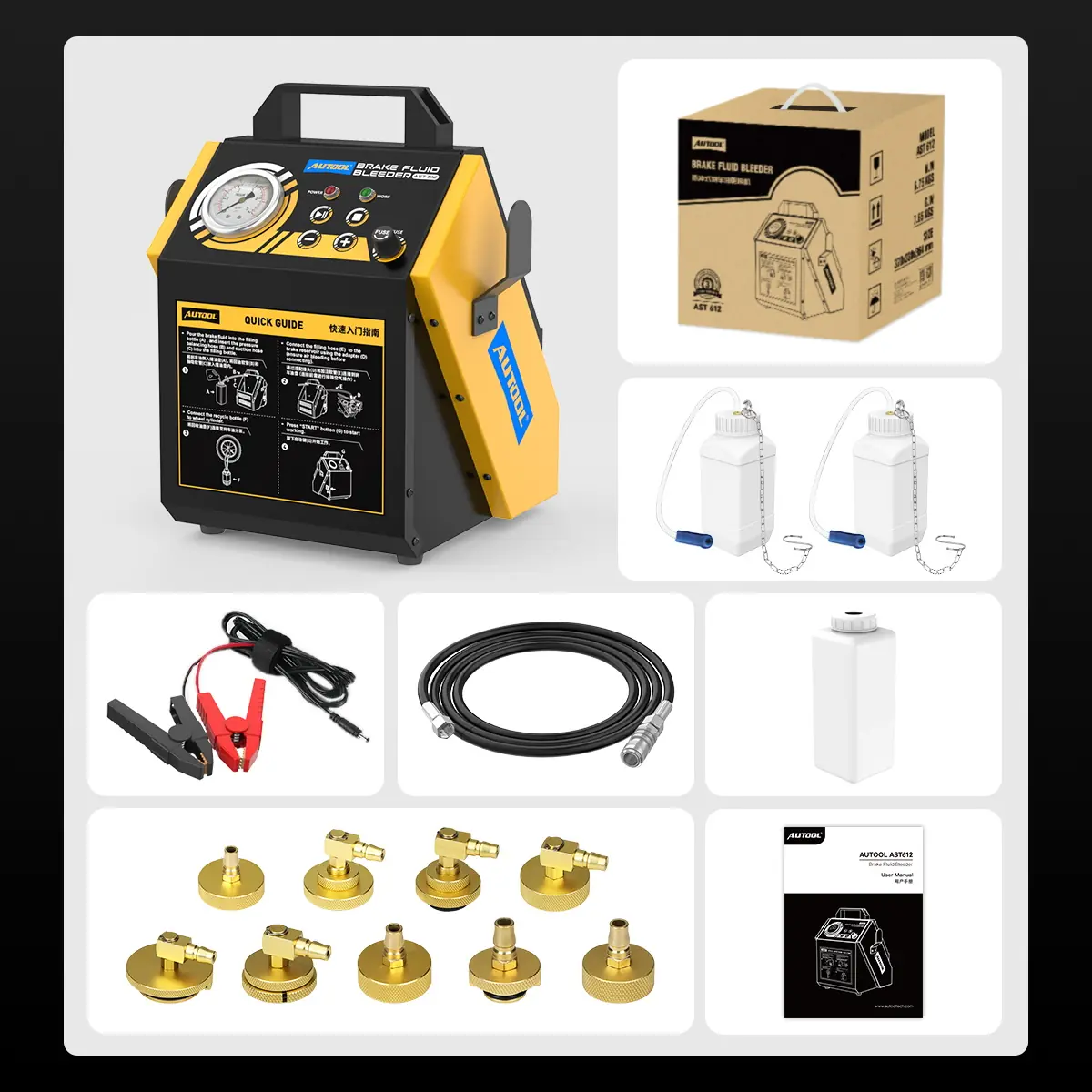 AUTOOL AST612 with recovery bottles, fresh-fluid bottle, battery cable, filling hose, nine adapters and manual