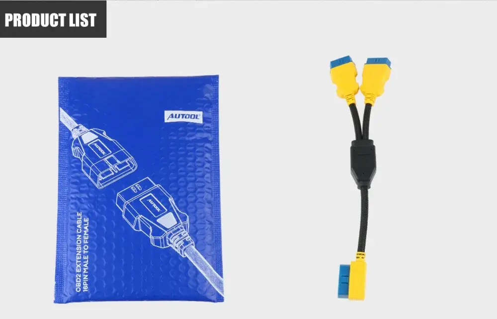 AUTOOL 35 cm OBD2 1-to-2 splitter cable beside its blue AUTOOL package bag