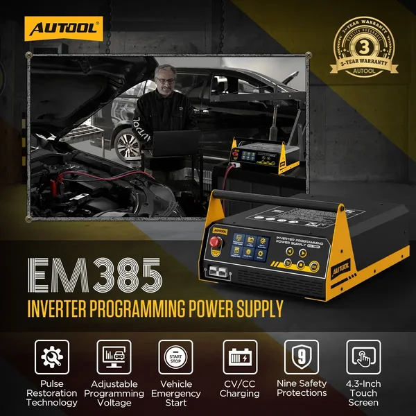 AUTOOL EM385 ECU Programming Power Supply & LiFePO4/Lead-Acid Battery Charger