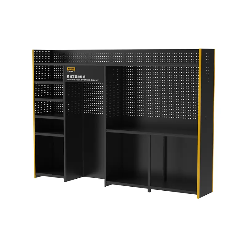 AUTOOL Type A workshop tool storage cabinet with pegboard back panels, side shelves and black and yellow steel frame