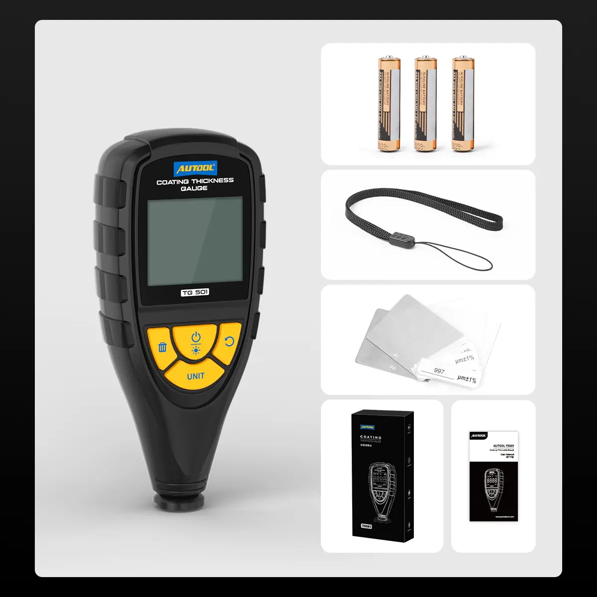 AUTOOL TG501 gauge with batteries, wrist strap, calibration plates and films, retail box and user manual