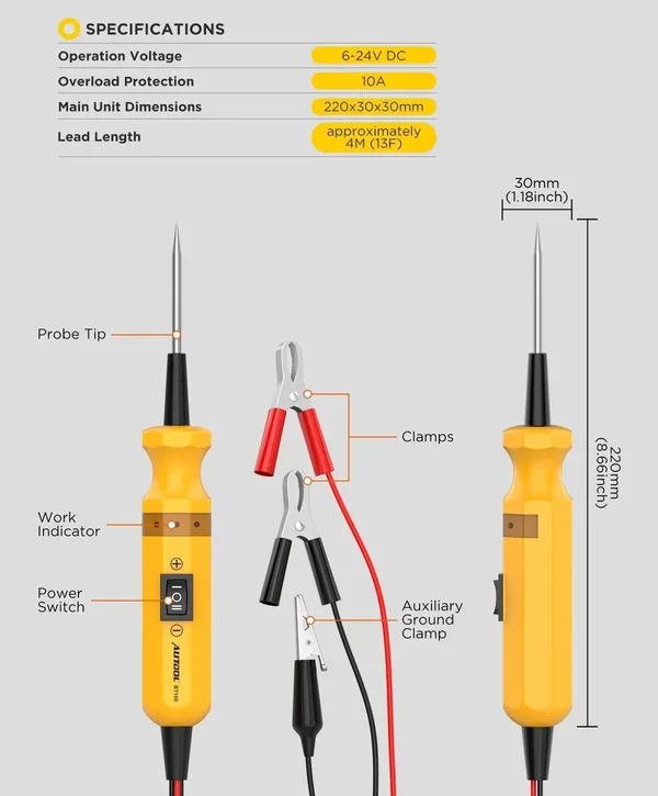 AUTOOL BT160 6–24V Automotive Circuit Tester with 4 m Lead