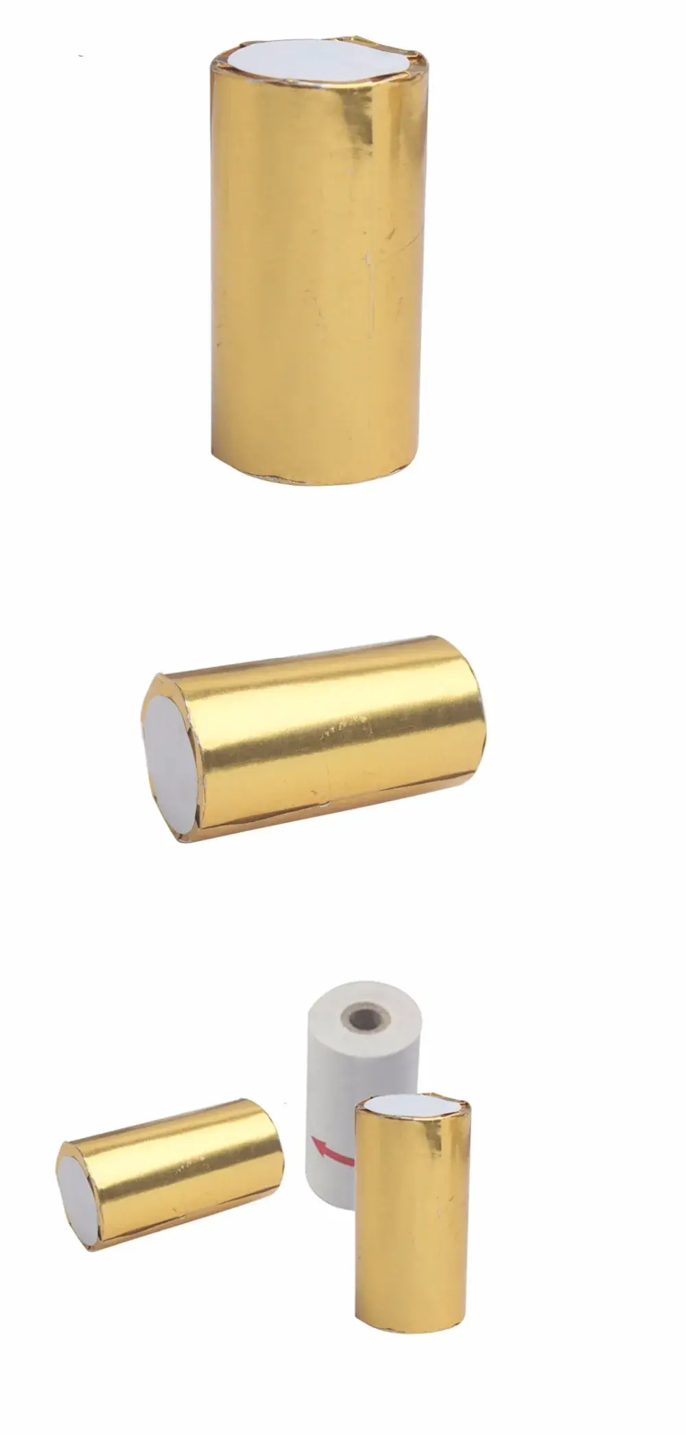 Foil-wrapped 57 × 30 mm thermal paper rolls and an unwrapped roll showing the core