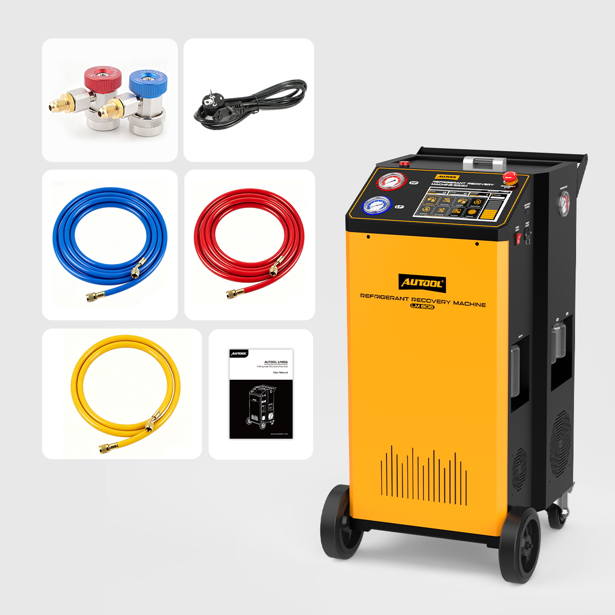 AUTOOL LM806 recovery machine with red and blue couplers, power cord, red, blue and yellow hoses and user manual