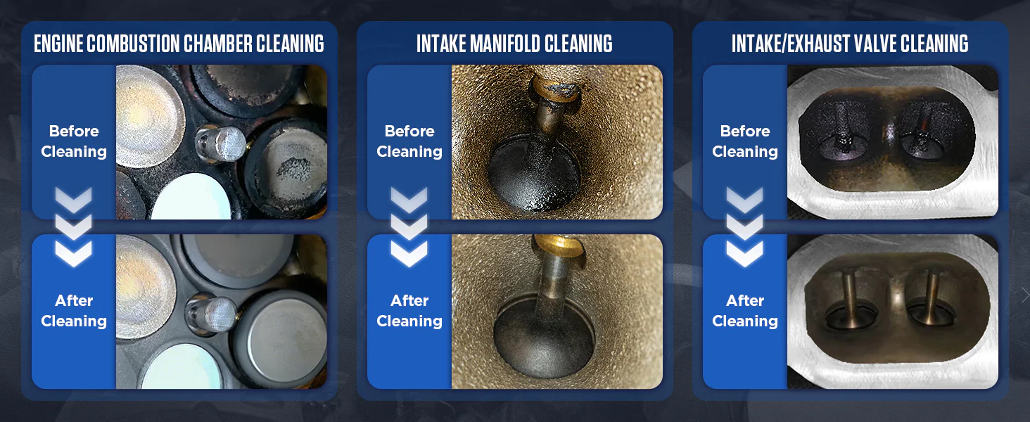 Before and after walnut blasting of a combustion chamber, intake manifold port and intake valves