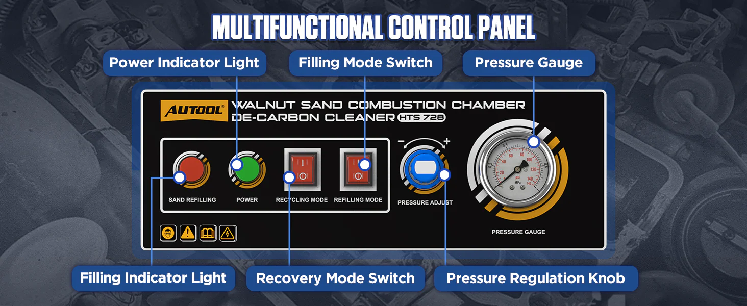 AUTOOL HTS728 control panel with filling and power indicator lights, recovery and filling mode switches, pressure regulation knob and pressure gauge