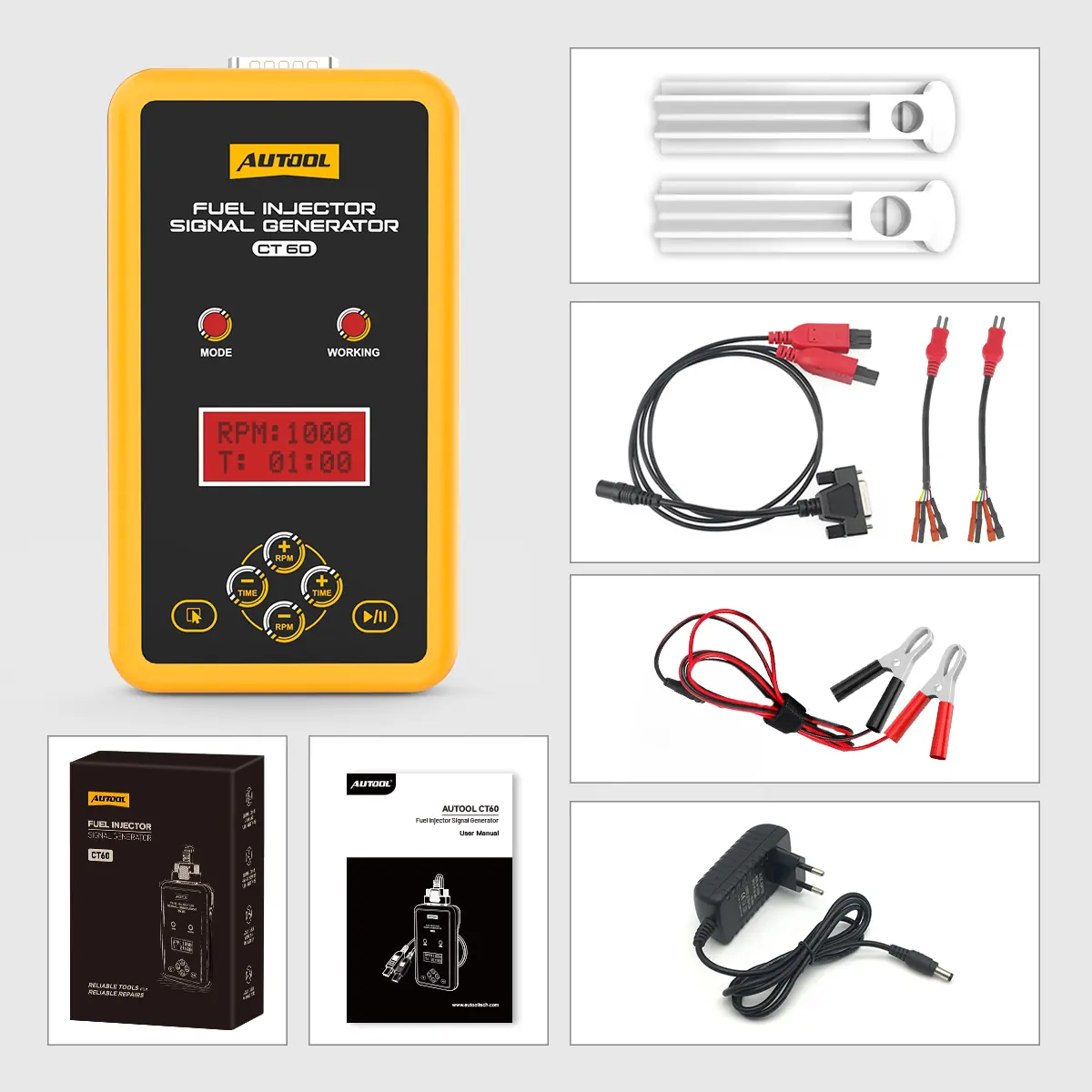 AUTOOL CT60 fuel injector signal generator with injector holders, pulse signal cable with injector leads, battery clamp cable, power adapter, user manual and retail box