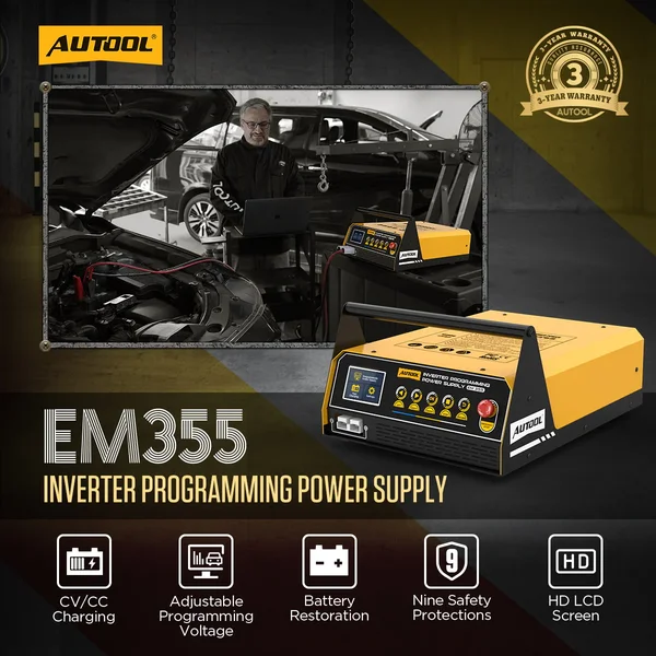 AUTOOL EM355 ECU Programming Power Supply & 12V AGM/Lead-Acid Battery Charger