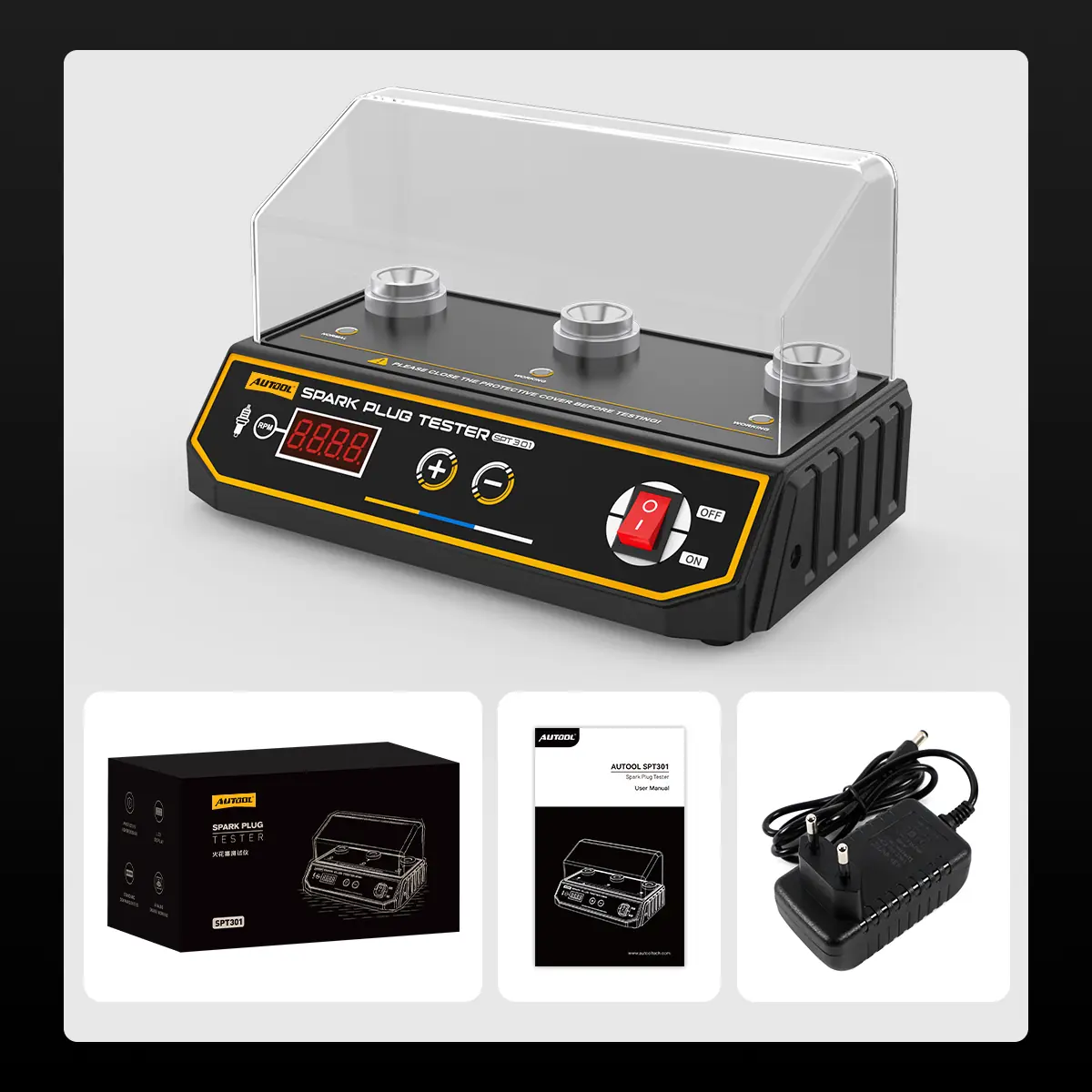 AUTOOL SPT301 spark plug tester with retail box, user manual and power adapter