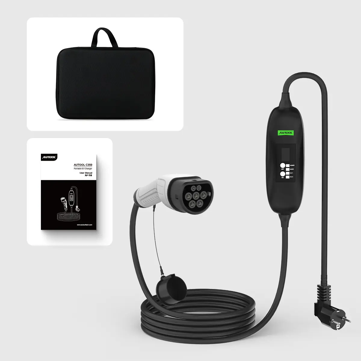 AUTOOL C350 portable EV charger with Type 2 connector, control box, storage bag and user manual