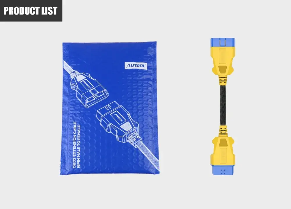 AUTOOL 20 cm braided OBD2 male to female extension cable beside its retail package