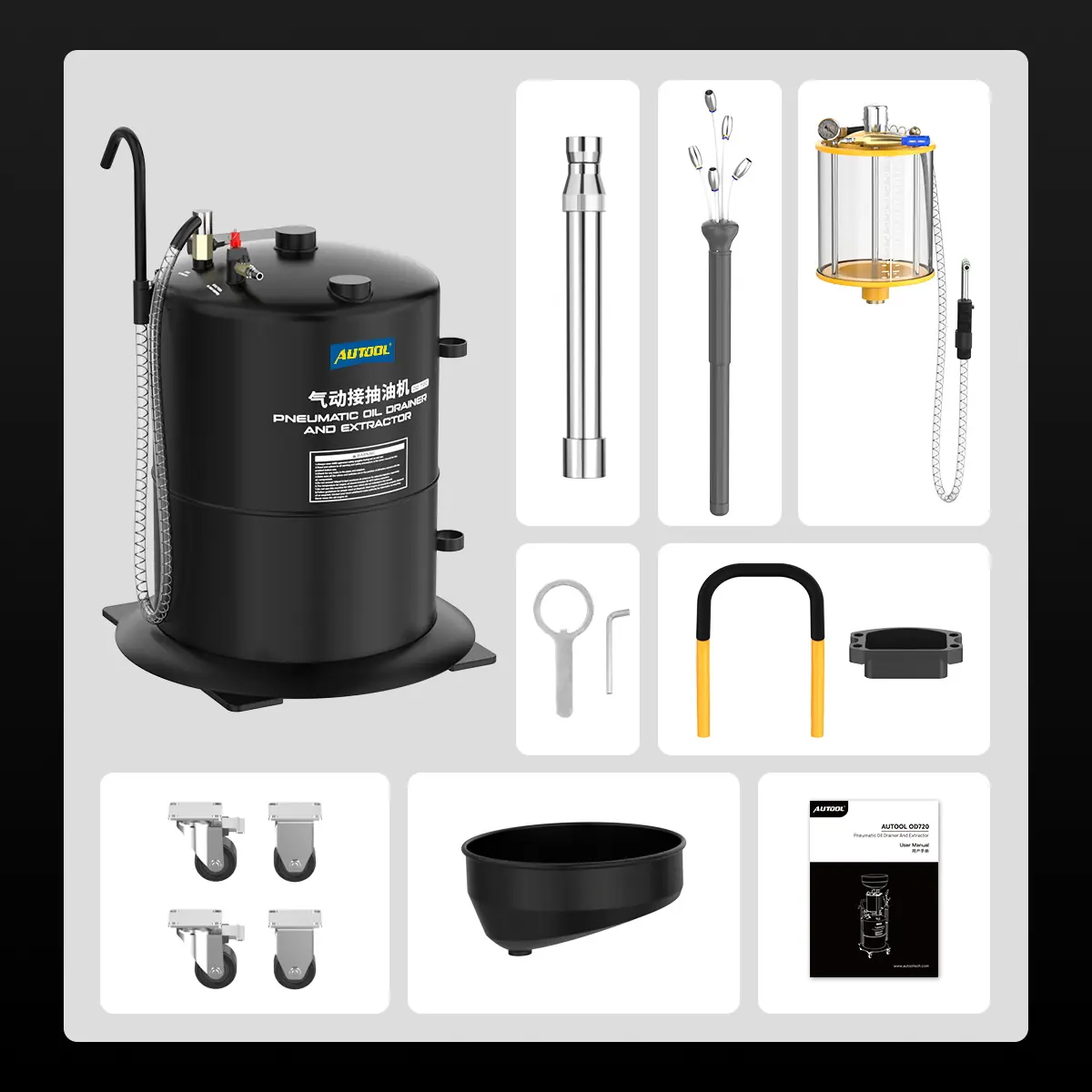AUTOOL OD720 package: storage tank, lifting rod, evacuation wands, measuring cup assembly, tools, handle, tool tray, casters, catch pan and user manual