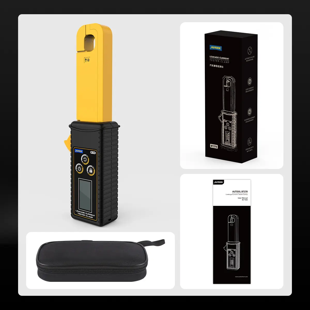 AUTOOL BT270 leakage current clamp with storage pouch, retail box and user manual