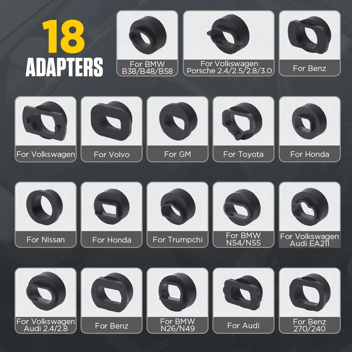 All 18 AUTOOL HTS558 intake-port adapters with their vehicle and engine labels, including BMW B38/B48/B58, N54/N55, N26/N49 and Volkswagen Audi EA211