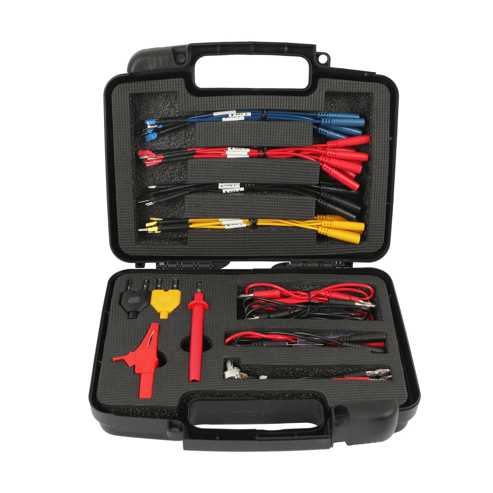 AUTOOL 48-piece test lead kit open in its case with color-coded jumper groups, banana adapters, alligator clip, probe and test leads