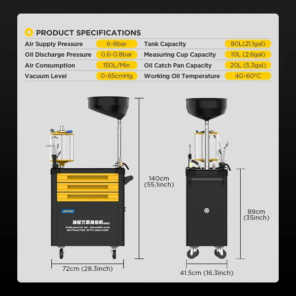 AUTOOL OD760 80 L Pneumatic Oil Extractor and Drainer Station with 61-Piece Tool Set