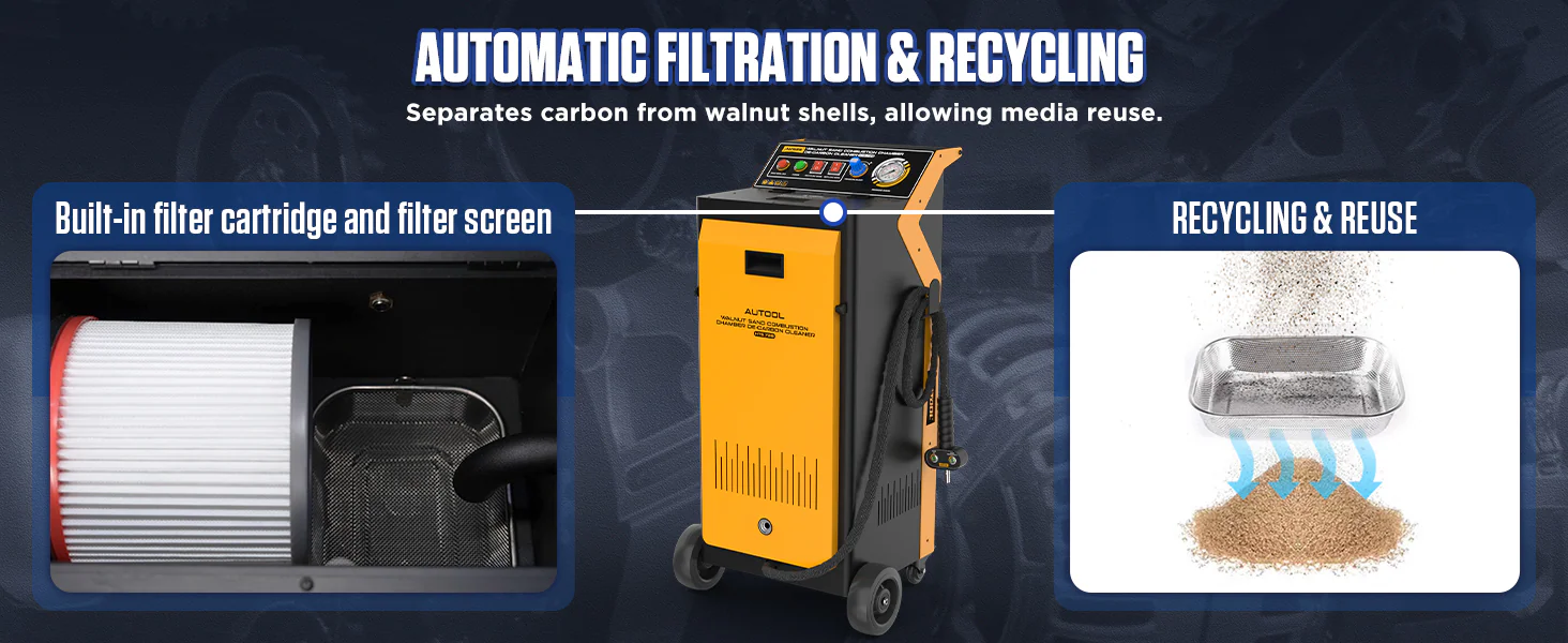 AUTOOL HTS728 built-in filter cartridge and filter screen separating carbon from walnut media for reuse