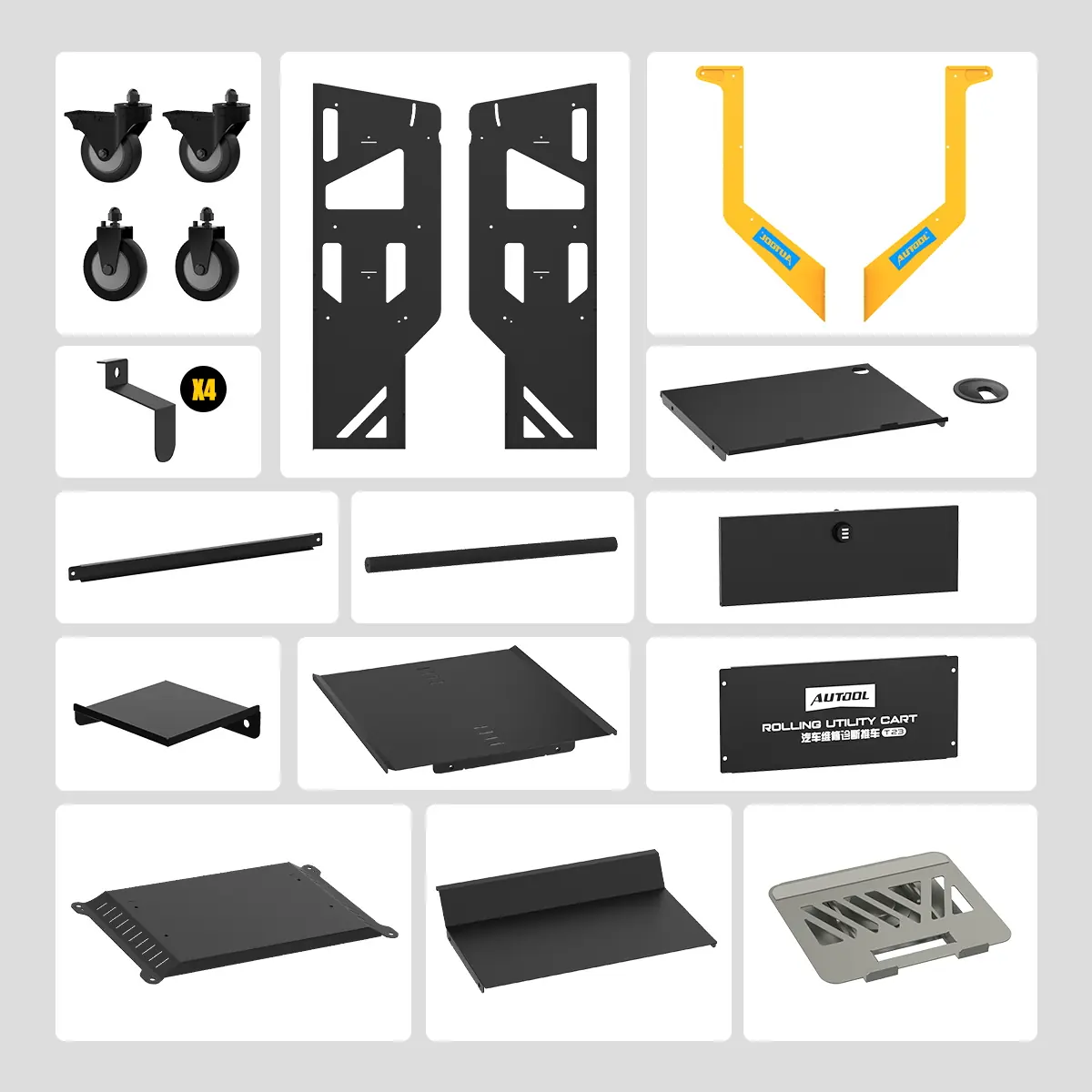 AUTOOL T23 packing list showing casters, side panels, yellow side frames, hooks, shelves, drawer panel, front panel and laptop stand plate