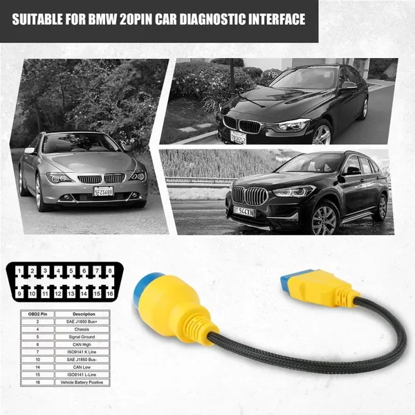 AUTOOL BMW 20-Pin to 16-Pin 40cm Braided OBD2 Adapter Cable