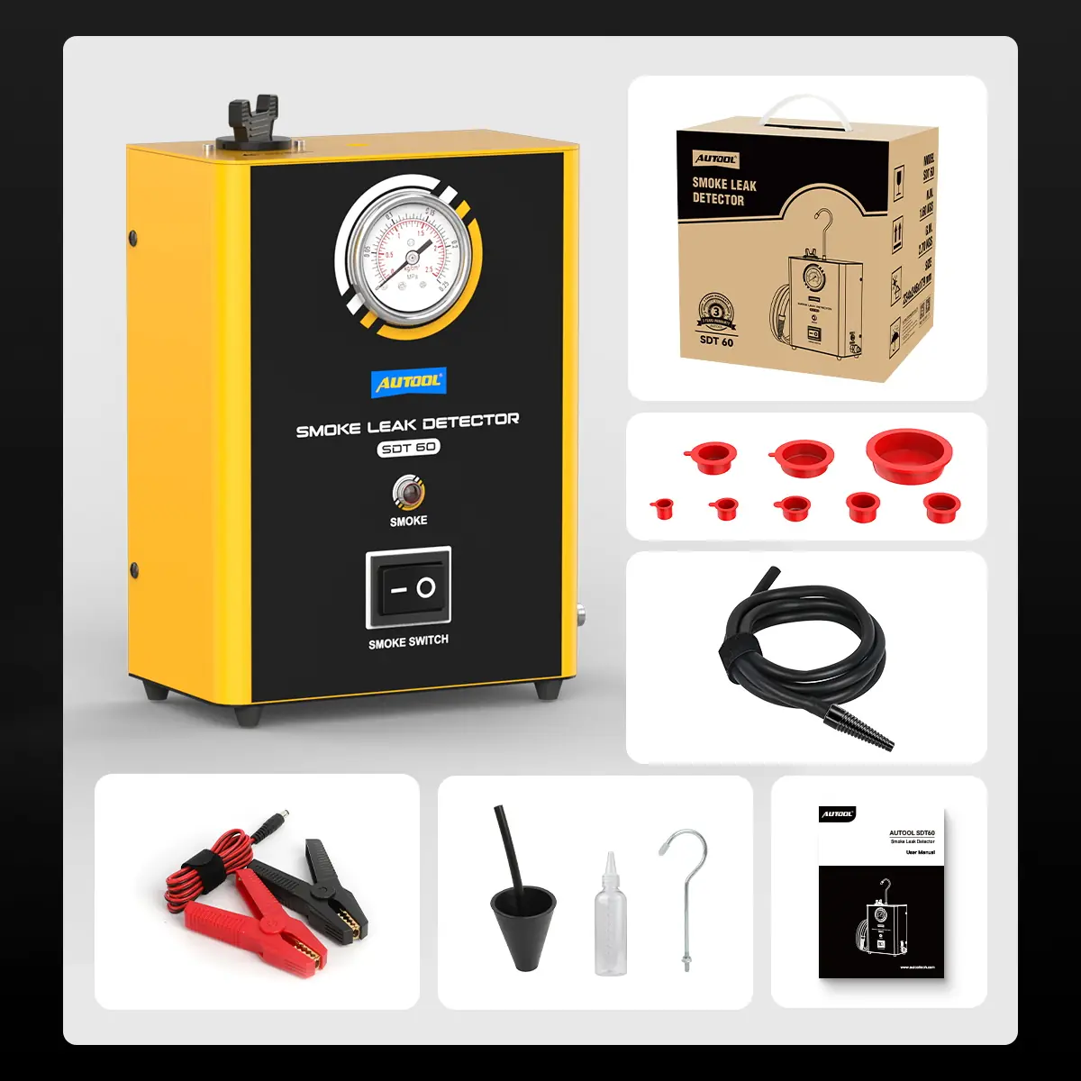 AUTOOL SDT60 smoke leak detector with power clamps, smoke hose, cone adapters, funnel, oil bottle, hook and manual